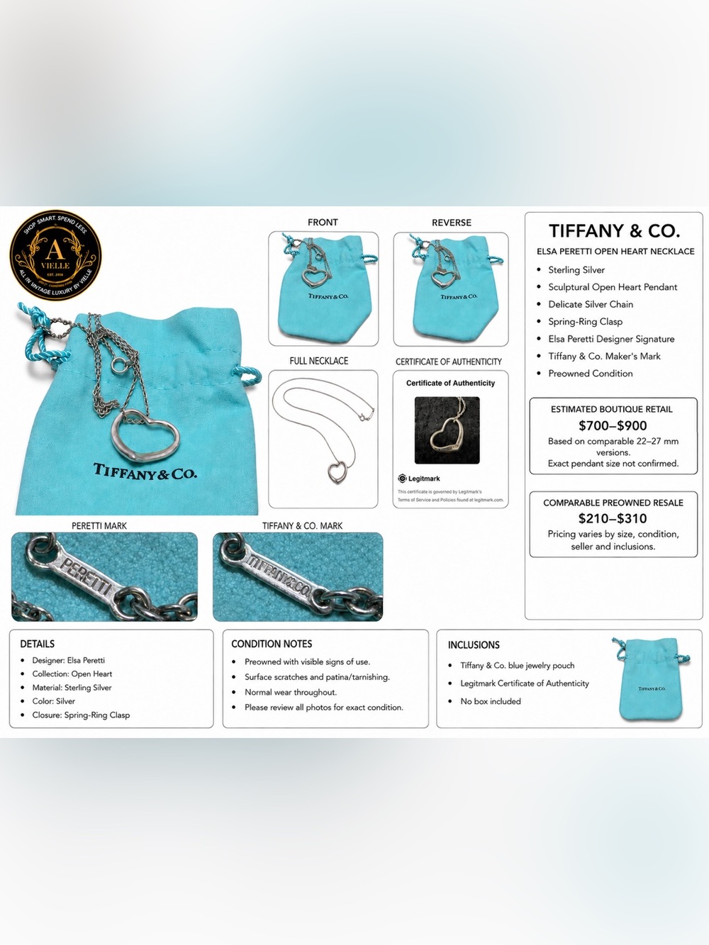 Tiffany & Co. Elsa Peretti Open Heart Silver Necklace + COA & Pouch